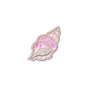 May include: A pink and silver iridescent seashell patch. The patch is made of fabric and has a shiny finish.