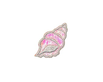 May include: A pink and silver iridescent seashell patch. The patch is made of fabric and has a shiny finish.