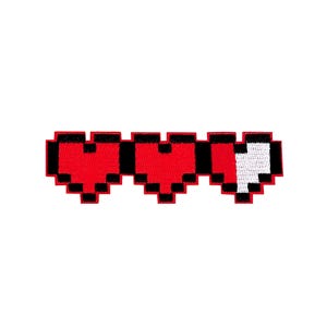 May include: A red and black pixelated heart health bar with three hearts, one of which is half full.