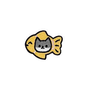 May include: A yellow embroidered patch with a black cat face inside a fish shape.