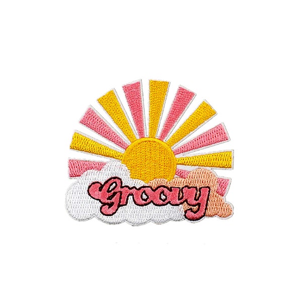 Groovy Sun Patch | Summer Pink Music Festival Sky Cloud Iron-On Applique | Embroidered DIY Badge | Hippie 60's Backpack Jacket Accessory