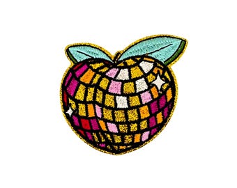 Pfirsich Glitzer Disco Aufnäher | Kawaii Gold Rosa Sparkle Obst Bügelbild | Retro Metallic Spiegelball Tanzparty DIY Jacke Handwerk Abzeichen