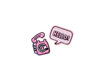 Mini toppe adesive per telefono / Telefono rosa retrò pastello Kawaii / Set di applicazioni di adesivi autoadesivi Hello Convo / Piccolo distintivo per giacca con risvolto