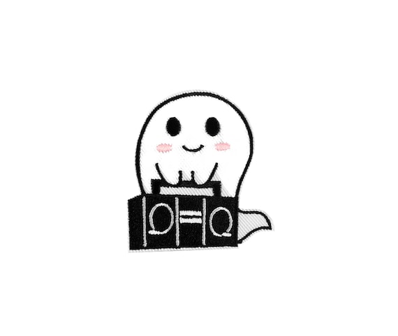 Boombox Music Ghost Patch | Cute Kawaii Ghost Hunter Radio Stereo Iron-On Applique | Spooky DIY Badge | Halloween Backpack Jacket Accessory