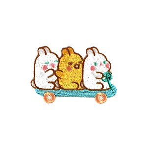 May include: Three embroidered cartoon characters, two white rabbits and a yellow chick, riding a blue skateboard with orange wheels.