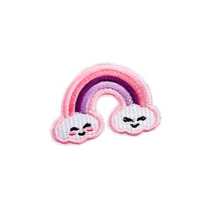 May include: A pink and purple rainbow with a white outline and two white clouds with smiling faces. The clouds have pink outlines.