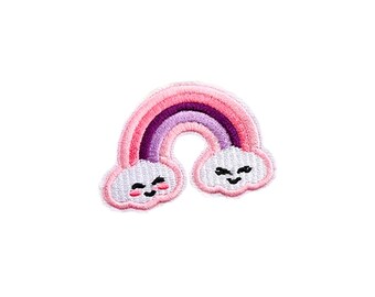 Pastel Rainbow Cloud Patch | Sleepy Kawaii Pink Rainbow Iron-On Applique | Embroidered DIY Badge | Girls Teen Backpack Jacket Accessory