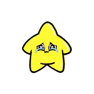 Sad Puffy Star Patch | Crying Kawaii Emotional Star Tears Iron-On Applique | Embroidered DIY Novelty Badge | Teen Backpack Jacket Accessory
