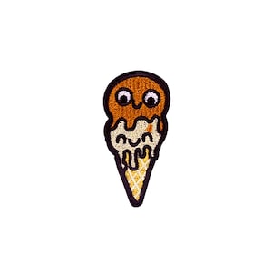 Kawaii Chocolate Ice Cream Cone Patch | Happy Melting Ice Cream Waffle Cone Iron-On Applique Badge | Kids Teen DIY Jacket Craft Accessory