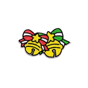 Kawaii Jingle Bells Patch | Holiday Winter Christmas Carol Santa Sleighbell Iron-On Applique | Puffy Star Bow Bell DIY Jacket Craft Badge
