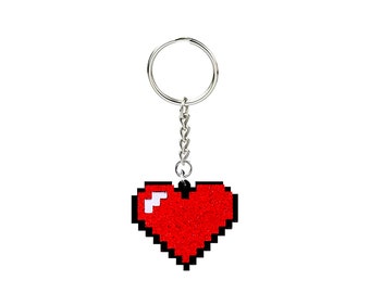 Pixel Heart Keychain | Sparkle Valentine Video Game 8-Bit Acrylic Key Chain | Gamer Girl Glitter Health Key Ring Purse Bag Accessory