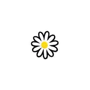 May include: A black and white outline of a daisy with a yellow center.