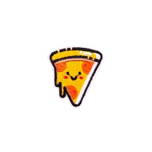 May include: A yellow and red embroidered iron-on patch of a smiling pizza slice.
