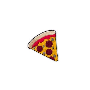 May include: Embroidered patch of a pizza slice. The pizza has a yellow crust, red sauce, and dark brown pepperoni. The crust is tan, and the patch has a white border. This patch is suitable for clothing or accessories.