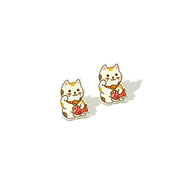 Maneki Neko Studs | Kawaii Lucky Cat Post Earrings | Girls Teen Japanese Good Fortune Luck Kitty Stud Earring Jewelry Gift