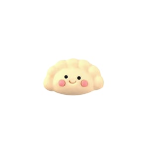 May include: A white, cartoon-style dumpling with a smiling face and pink cheeks.