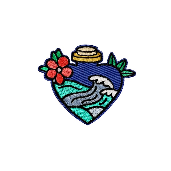 Ocean Bottle Patch | Kawaii Tropical Island Flower Wave Surf Elixir Potion Iron-On Applique | Vacation DIY Badge | Hawaii Backpack Accessory