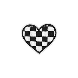 Checkerboard Heart Patch | Black White Checkered Love Iron-On Applique | Punk DIY Sticker Badge | Girls Teen Skater Backpack Craft Accessory