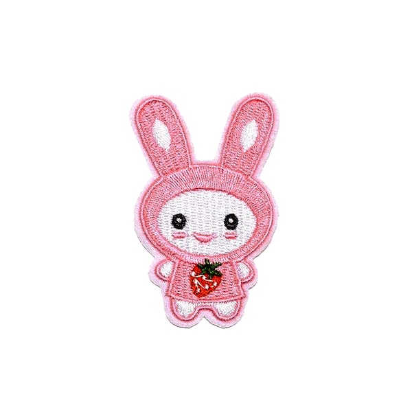 Strawbunny Patch | Pink Kawaii Strawberry Bunny Pajama Iron-On Animal Applique | Easter DIY Sticker Badge | Teen Backpack Jacket Accessory