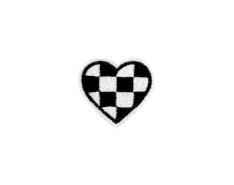 Mini Checkerboard Heart Patch | Black White Checkered Love Iron-On Applique | Punk DIY Sticker Badge | Girls Teen Backpack Jacket Accessory