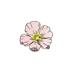 May include: A pink embroidered flower patch with a yellow centre. The flower has five petals and is a delicate design.
