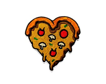 Pizza Love Patch | I Heart Pizza Iron-On Foodie Applique | Embroidered DIY Junk Food Badge | Kids Mushroom Pepperoni Cheese Jacket Accessory