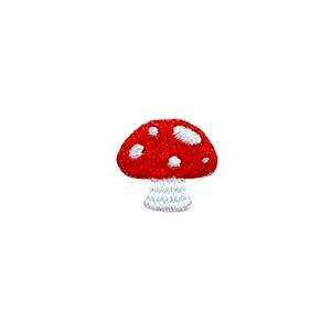 May include: A red and white mushroom with white spots on the cap. The mushroom is embroidered on a white background.