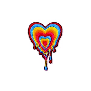 May include: A colorful embroidered patch in the shape of a dripping heart. The heart is red, orange, yellow, and blue.