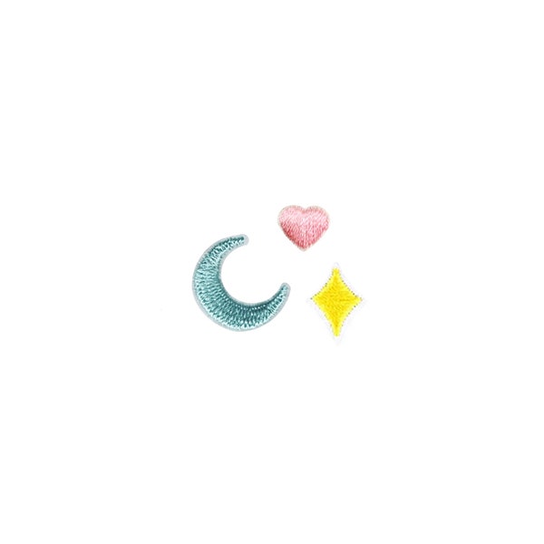 Stick-On Lucky Charm Patch Set | Kawaii Pastel Moon Heart Star Celestial Self-Adhesive Sticker Applique | DIY Jacket Lapel Accessory Badge