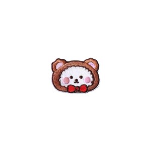 May include: Brown and white embroidered iron-on patch of a cartoon bear wearing a bow tie.