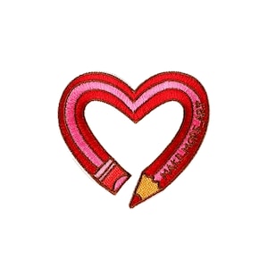 Pencil Heart Patch | Art School #2 Pink Colored Pencil Iron-On Applique | Embroidered DIY Badge | Artist Teacher Student Backpack Accessory