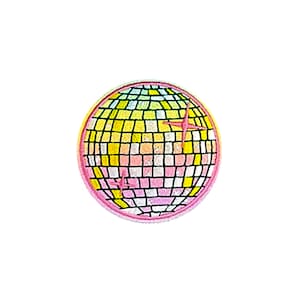 May include: An iron-on patch embroidered with a pink and yellow disco ball, outlined in pink.