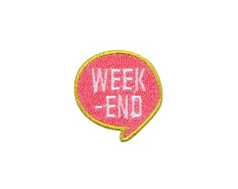 Mini Weekend Patch | Happy Kawaii Pink Text Bubble Iron-On Applique | Funny DIY Sticker Badge | Girls Teen Word Backpack Jacket Accessory