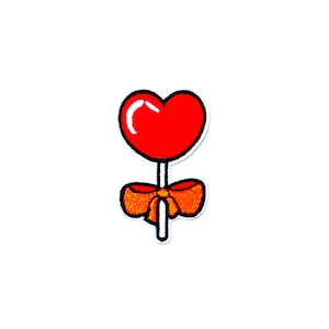Red Heart Lollipop Patch | Sweet Ribbon Bow Love Candy Pop Iron-On Applique | Embroidered DIY Badge | Girls Teen Backpack Jacket Accessory