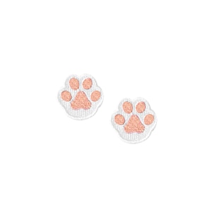 May include: Two small pink paw print iron-on patches. The patches are white with a pink paw print in the center.
