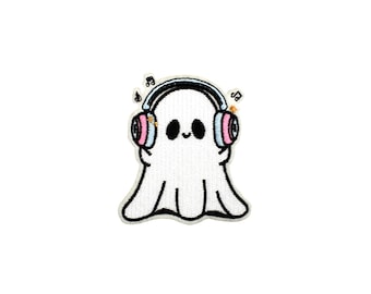 Patch Ghost pour casque audio | Applique thermocollante Kawaii Spooky Halloween Spirit | Insigne de musique DIY mignon | Accessoire d'artisanat pour veste à dos