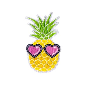 May include: A yellow pineapple with green leaves wearing pink heart-shaped sunglasses.