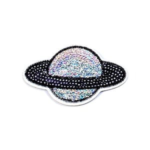 Sequin Planet Patch | Iridescent Rainbow Sparkle Saturn Galaxy Space Iron-On Applique Badge | Kids Teen Backpack Jacket DIY Craft Accessory