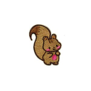 May include: Embroidered brown squirrel patch with a pink belly and blush on its cheeks.