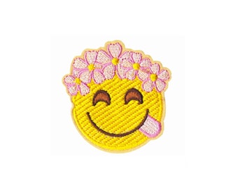Aufnäher Smiley Smiley | Kawaii Blume glückliches Gesicht Bügelbild Applikation | Gestickter DIY Badge | Teen Emoji Festival Rucksack Tote Jacke Accessoire
