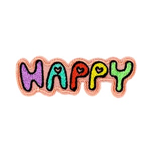 May include: A colorful embroidered patch with the word "HAPPY" in a playful font. Each letter is a different color, with a small heart inside the "A" and "P".