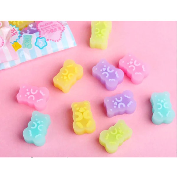 Gummy Bear Erasers | 5x Mini Kawaii Candycore Pastel Rainbow Candy Eraser Set | Girls Teen School Office Stationery Desk Craft Supplies