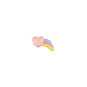May include: A pink heart with a rainbow tail. The rainbow is made of blue, pink, yellow, and white thread.