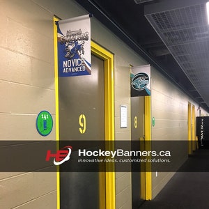 Hockey Dressing Room Door Banner Flag with Magnet Pole | 12in x 18in  | Travel Team Sign | Hockey Locker Room Flag | Tournament Banner