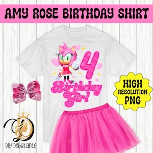 T-shirt del 4° compleanno del personaggio di Amy Rose Pink Sonic The Hedgehog • File PNG per sublimazione, trasferimenti di tessuto, inviti, vinile stampabile