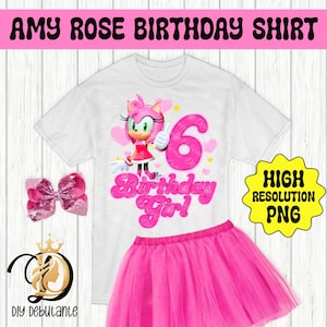 T-shirt del sesto compleanno del personaggio di Amy Rose Pink Sonic The Hedgehog • File PNG per sublimazione, trasferimenti di tessuto, inviti, vinile stampabile