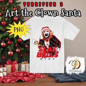 Clipart navideño de Papá Noel con el payaso de terror “Slay Bells Ring”; PNG para sublimación, camisetas, máquinas de corte, vinilo imprimible, carteles y más.