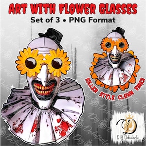 Clipart de gafas de flores de payaso Art; 3 PNG para sublimación, camisetas, máquinas de corte, vinilo imprimible, carteles, invitaciones y más.