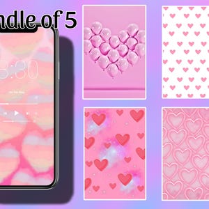 Puede incluir: Un paquete de cinco fondos de pantalla digitales con diseños de corazones rosas. Un fondo de pantalla muestra la pantalla de un teléfono con un patrón de corazón rosa. Otros fondos de pantalla presentan corazones rosas, un corazón hecho de globos y un patrón de corazón sobre fondo blanco.