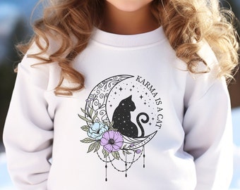 Karma Is A Cat Youth Crewneck Sweatshirt, Swiftie Kids Sweatshirt, Karma Sweatshirt, Gildan Sweatshirt